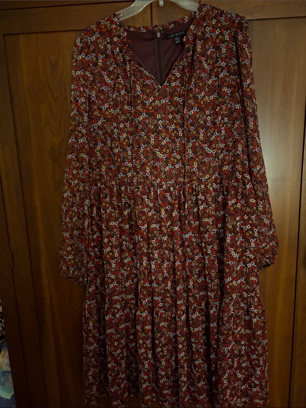 Lane Bryant Burgundy Floral Long Sleeve Tiered Midi Dress